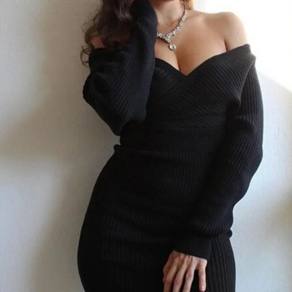 Fitted Off Shoulder Ribbed Sweater Dress Black Fall winter classy sexy evening - Picture 8 of 10